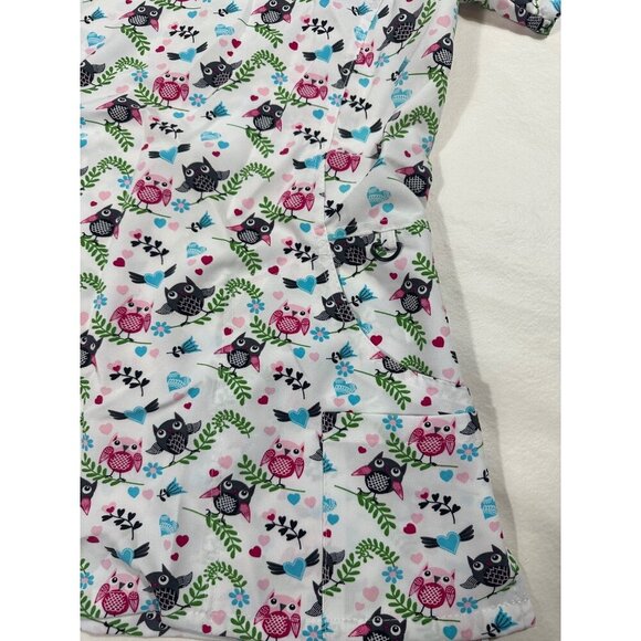 Scrubaid Scrub Top Women's white, hearts, birds and leaves Size M, V neck. - Picture 2 of 8